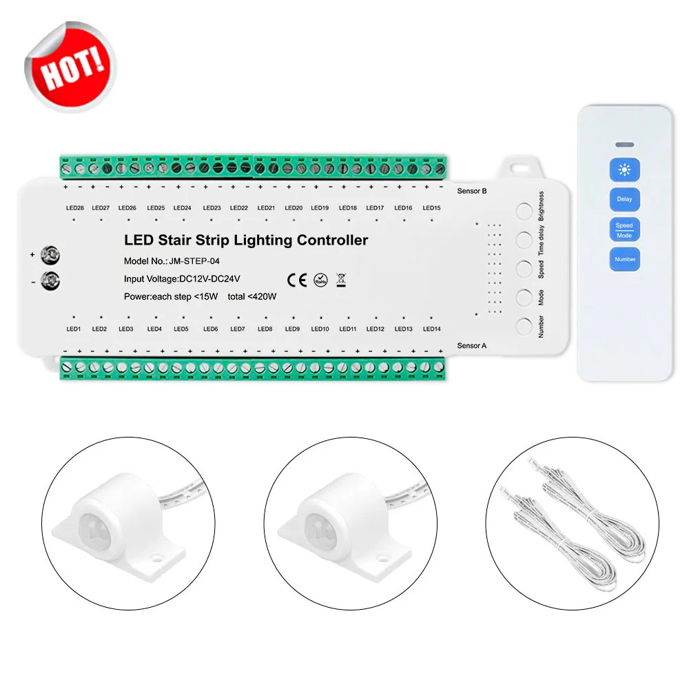 New 420W DC12V 24V Delay time 28 Steps Stair LED Lighting controller Stair Sensor for stair led light