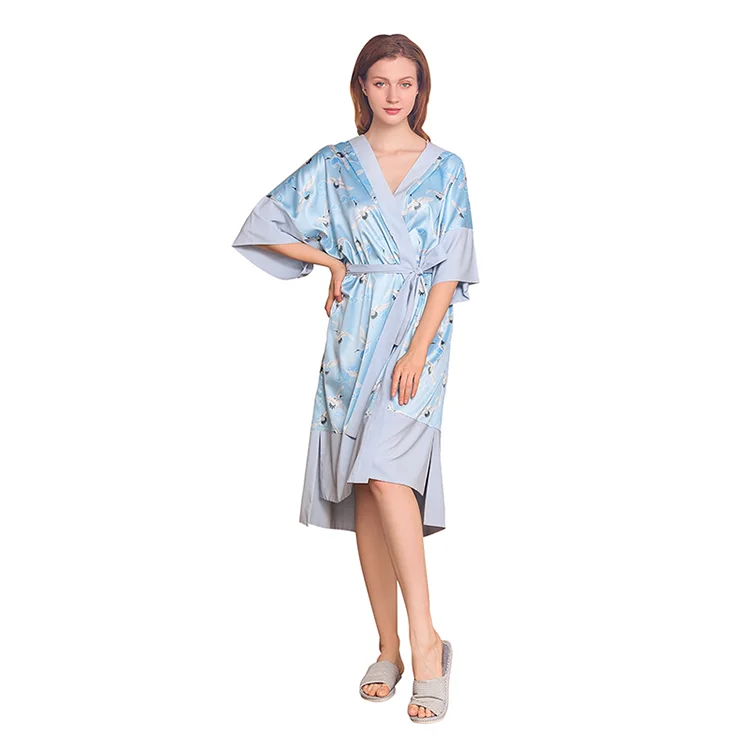 Animal Printed Sky Blue Thin Satin Silk Bathroom Robes High Quality Women Robe