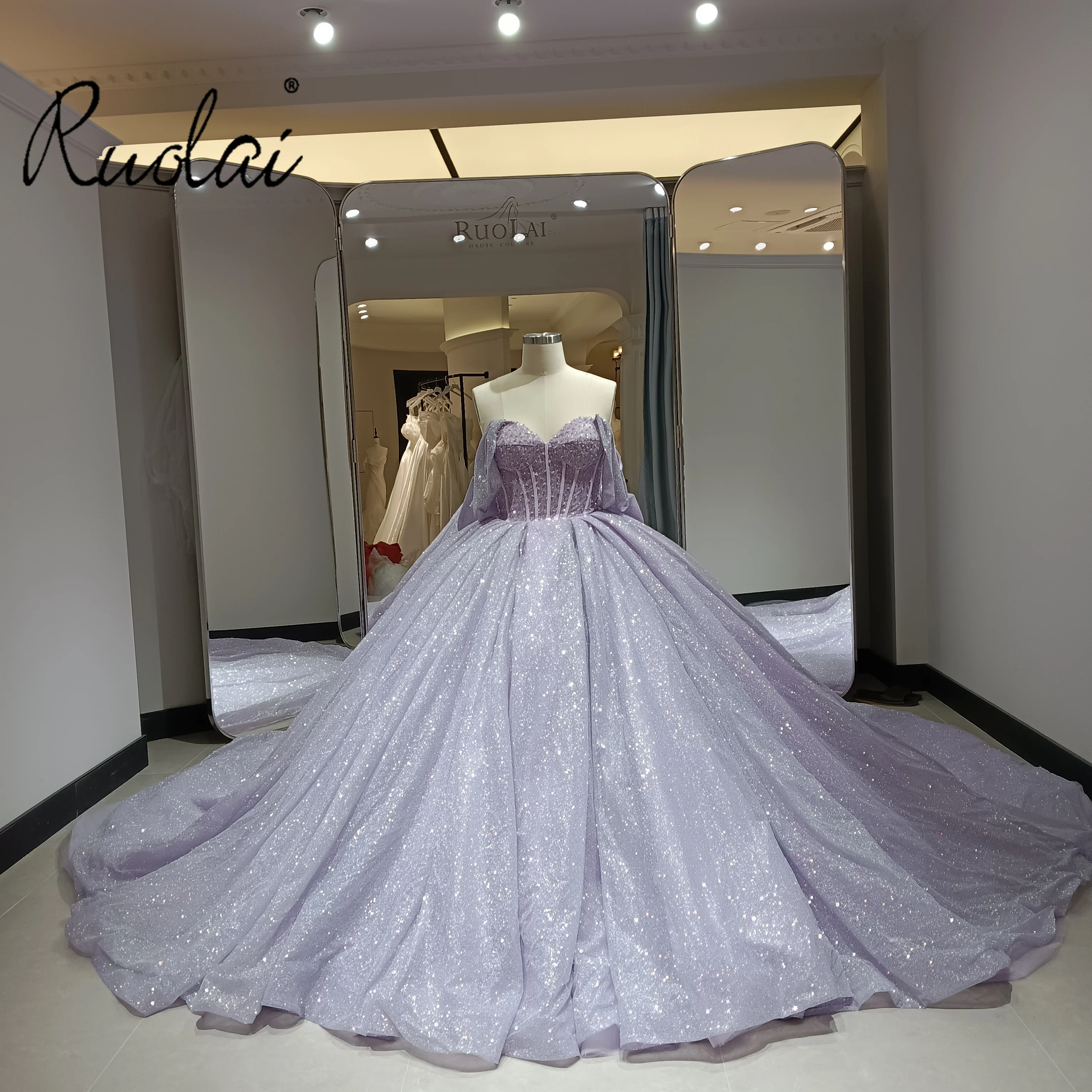 Ruolai LWC6963 Shiny Lavender Sweetheart Quinceanera Dress Off Shoulder Sequins with Back large Bow Quinceanera Dress Ball Gown