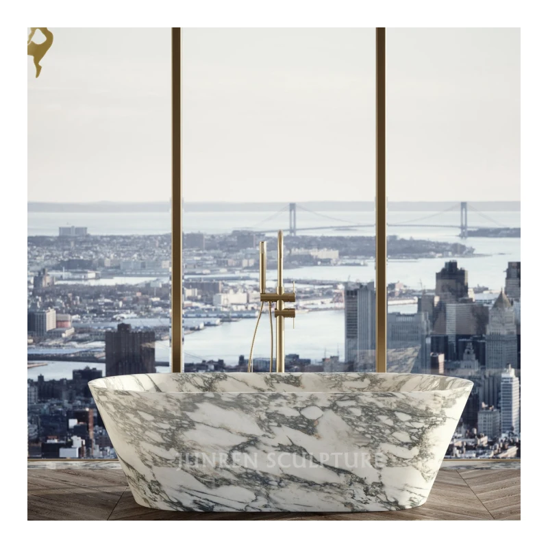 Junren Luxury Solid Calacatta Marble Bathtub Natural Marble Freestanding Soaking Bath tub