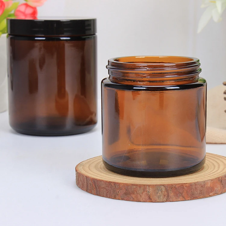 Wholesale Custom Amber Round Shaped Empty Glass Candle Jars With Lid