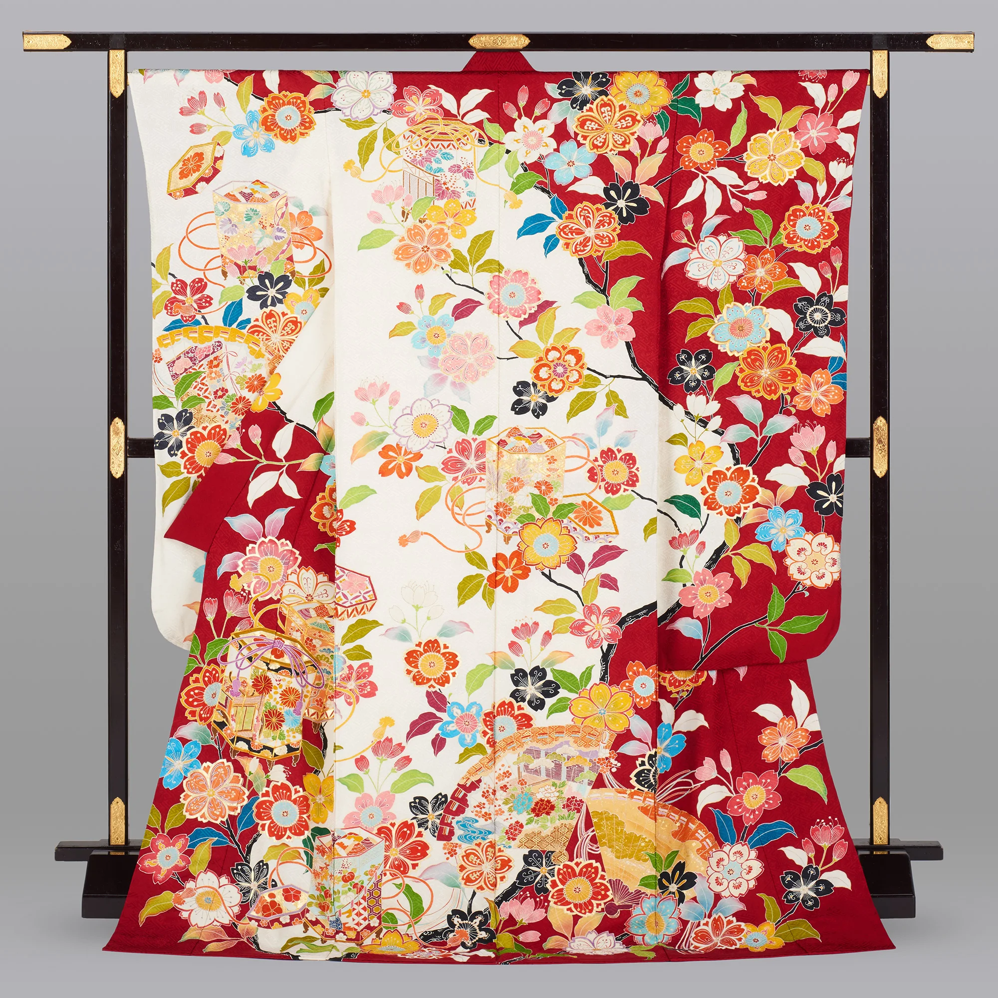 Japanese traditional cherry blossom informal winter robe kimono made of pure silk fabric