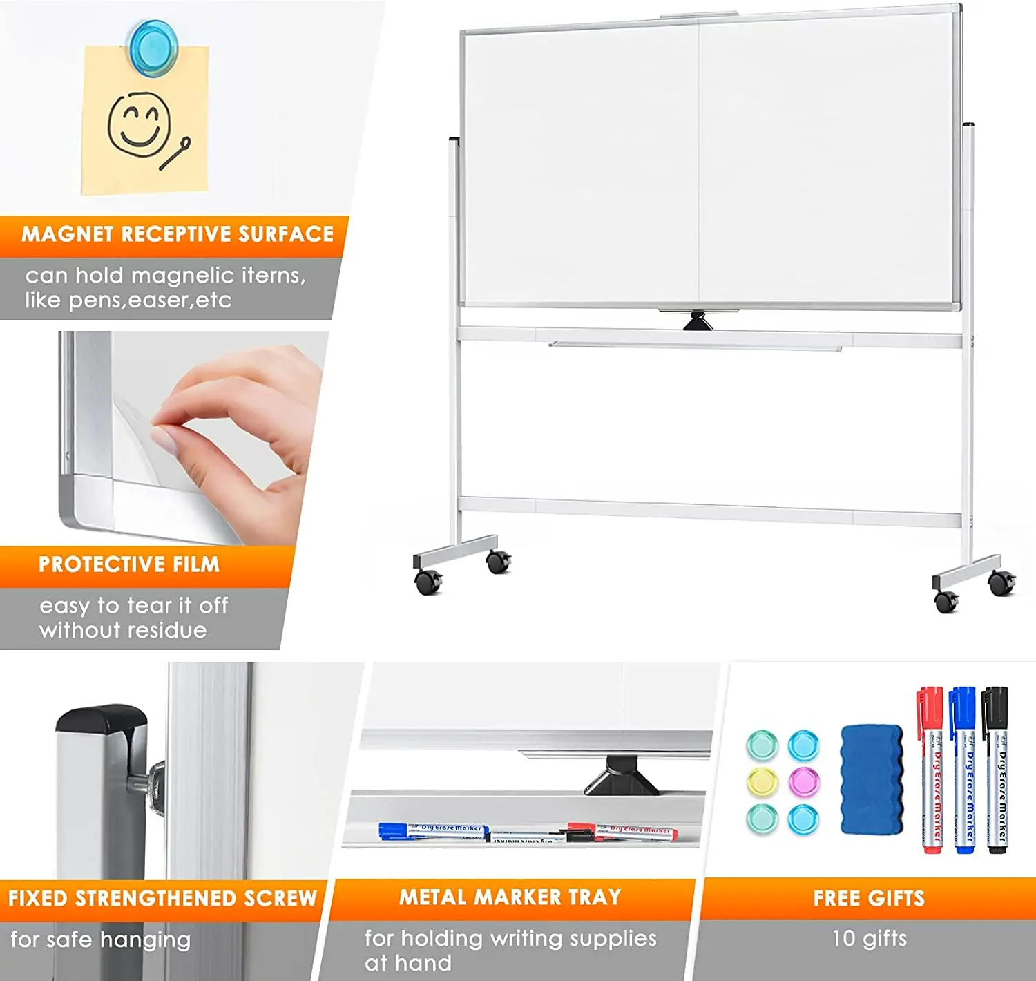 72 x 40 Double Sided Rolling Whiteboard, Mobile Whiteboard Magnetic White Board - Large Reversible Dry Erase Board Easel