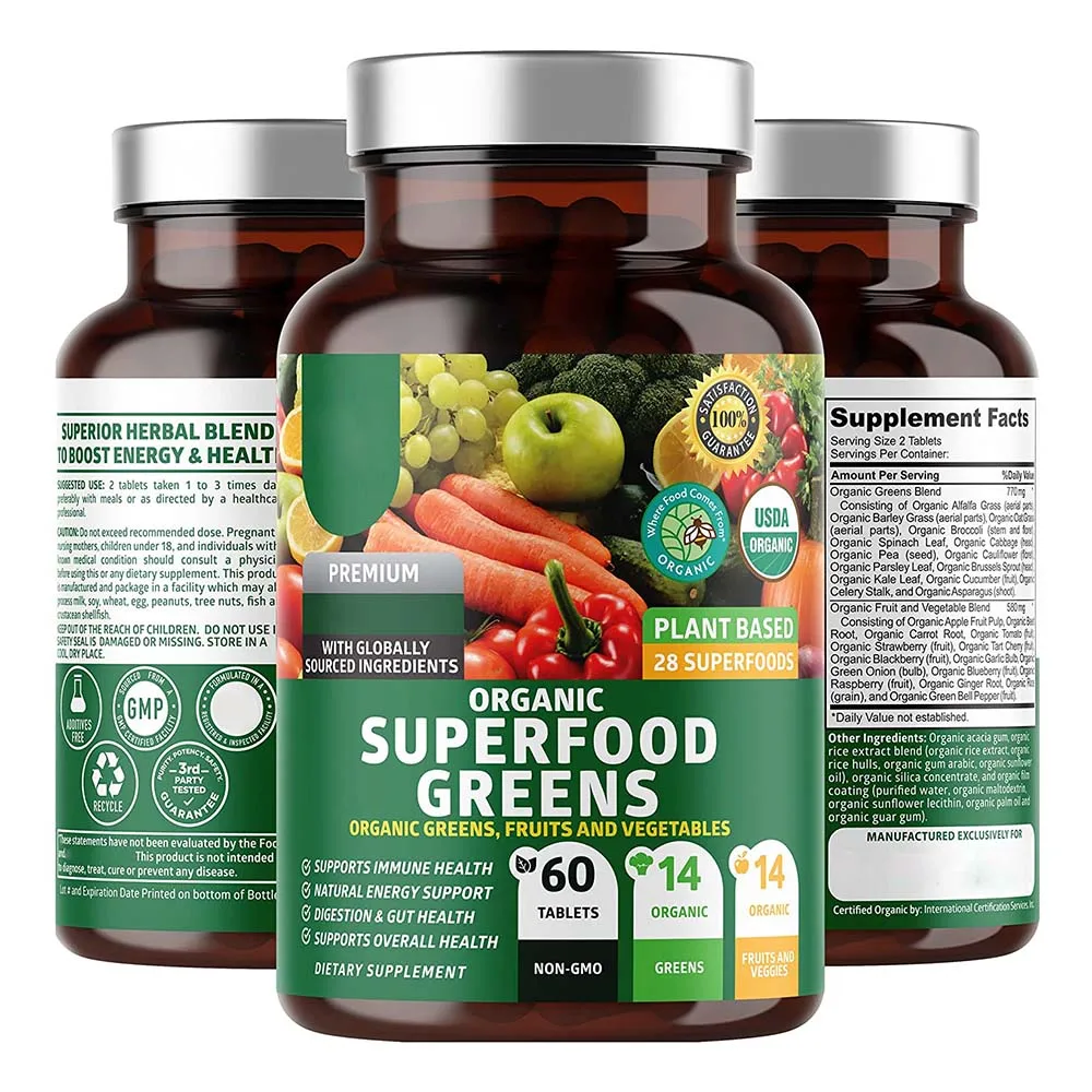2024 Vegan Boost Energy Immunity and Gut Health Organic Superfood Greens Tablets Beet Root and Ginger Pills