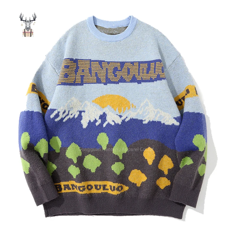Nanteng Custom Logo Low MOQ Cotton Loose Man Jumpers Knitted Jacquard Pattern Knitwear Crewneck Men Pullover Sweater