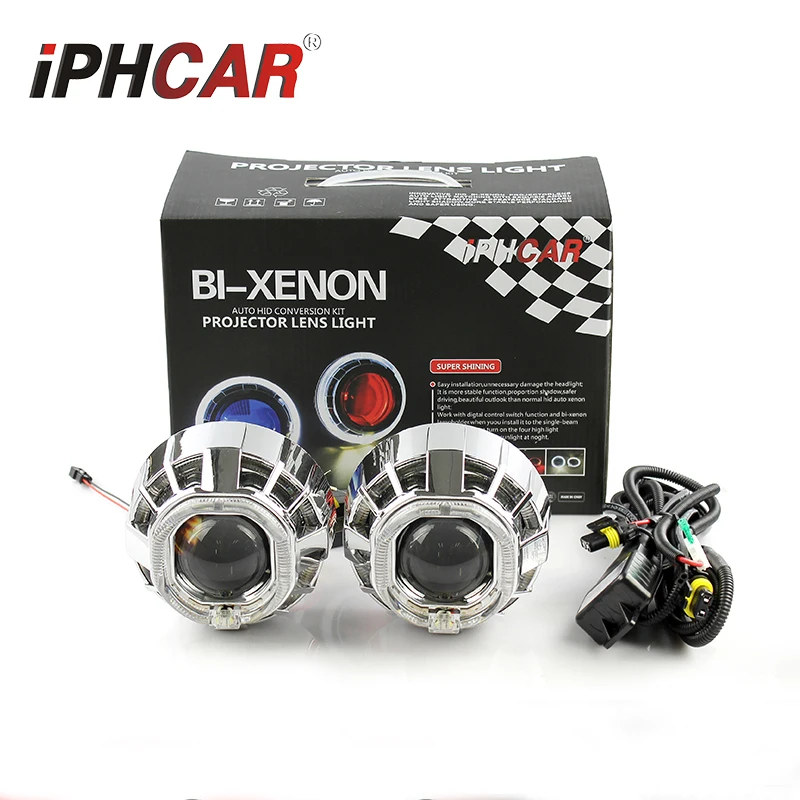IPHCAR square hid projector lens dual led angel eyes hid projector lens kit Xenon Lights H7