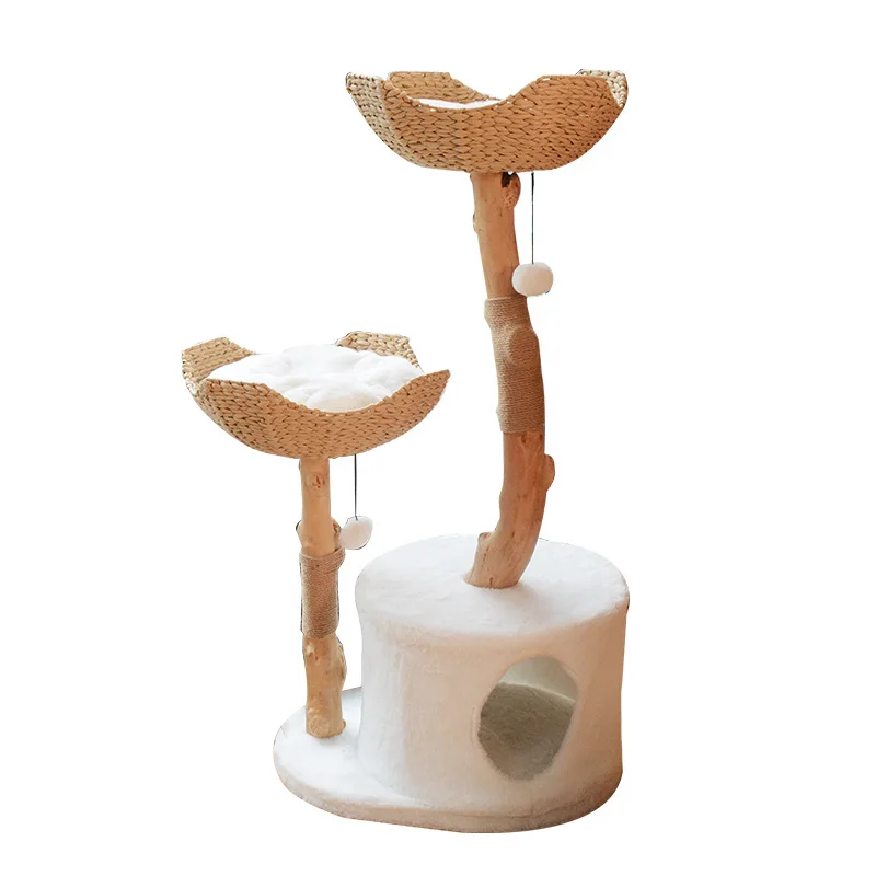 Modern Cat Tree Tower for Indoor Cats Real Branch Wood Kitty Tower Cat Scratching Post Jumping Platforms Natural Wood Pet Tree