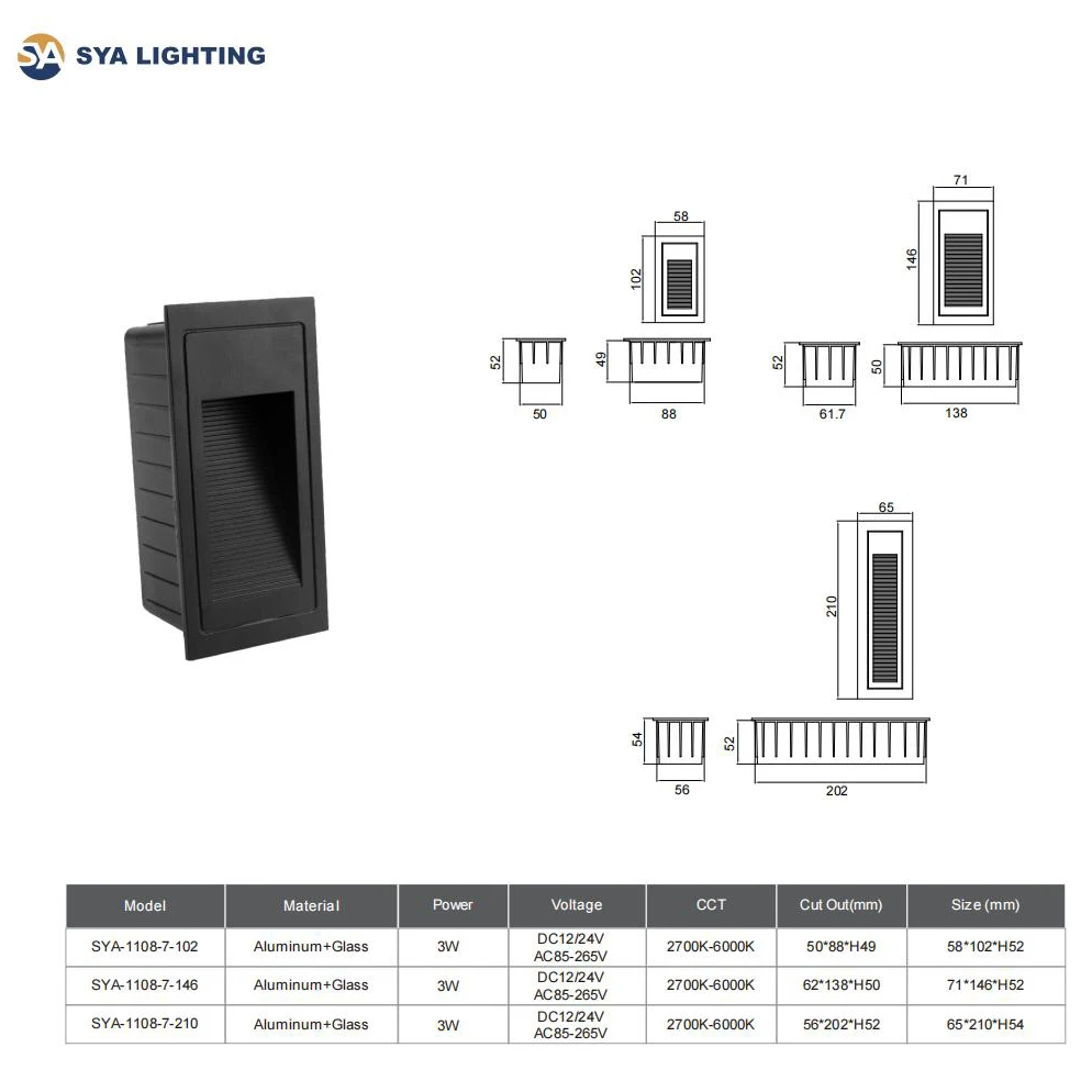 SYA-1108-7 Outdoor IP65 3W Square LED Step Light Aluminum Base Recessed Wall Lamp Footlight Hotel Villa Wall Mount Installation