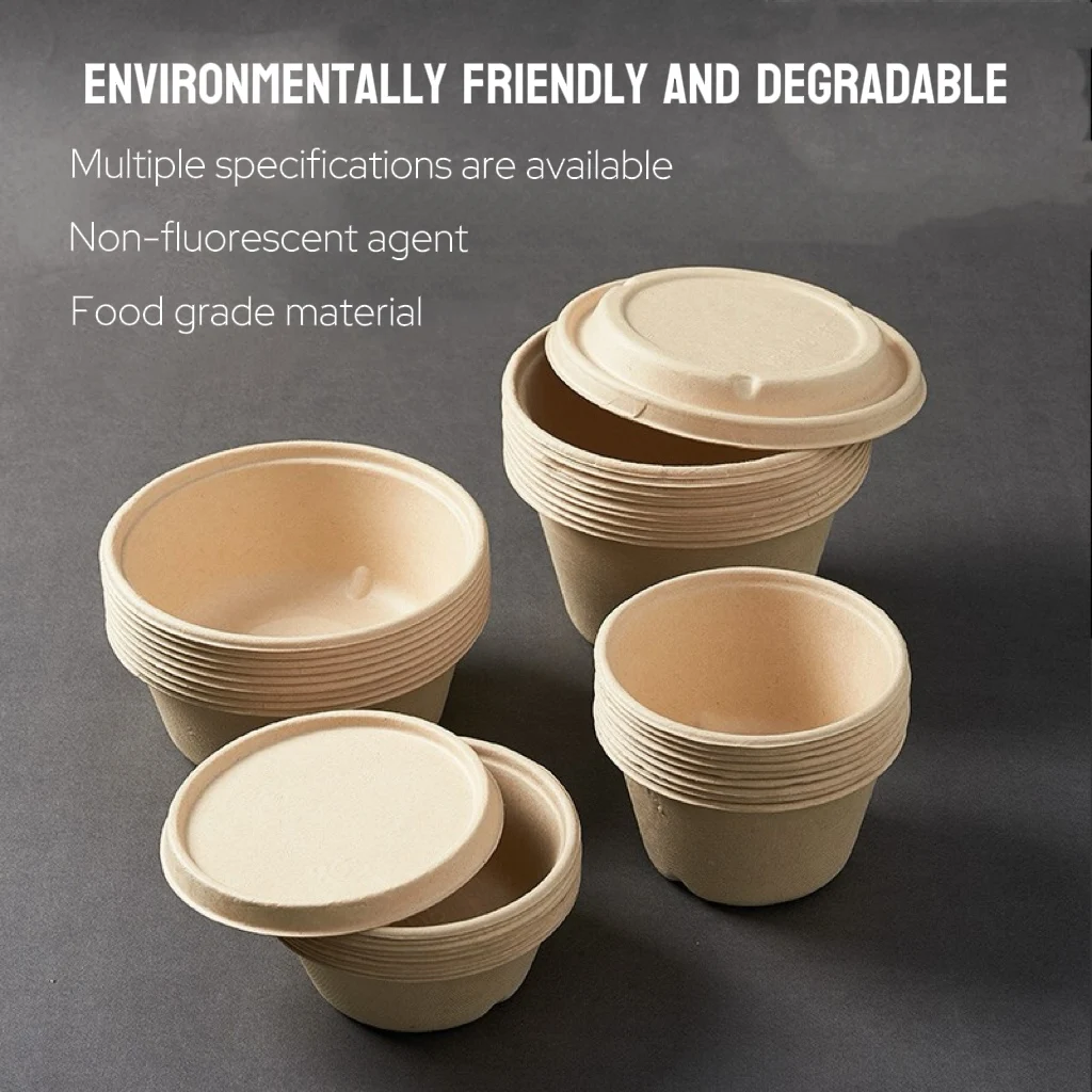 Eco-Friendly Disposable 500ml 32oz Kraft Paper Bowls Bagasse Sugarcane Pulp Container Soup Salad Sweet Rice Food Lunch Box