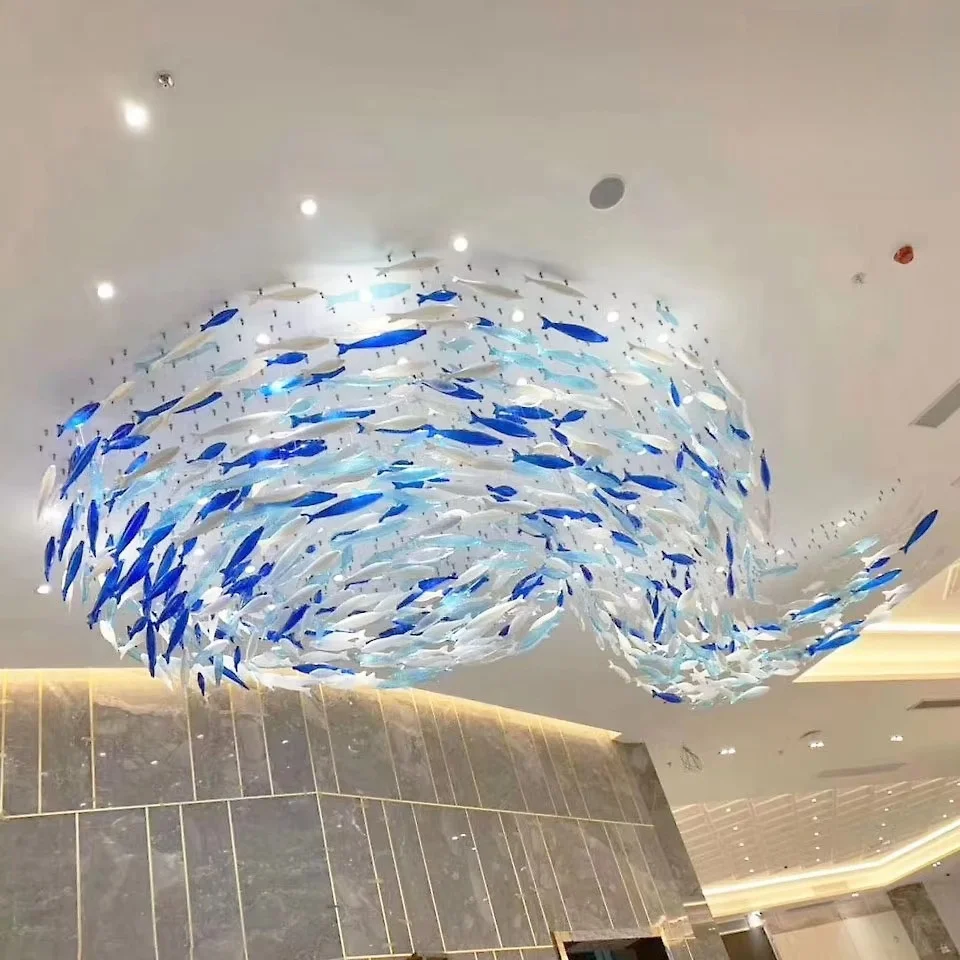 VANTONE Customized Luxury Modern Suspended Blue Ocean Glass Chandelier Hotel Lobby Decoration Engineering Glass Chandelier