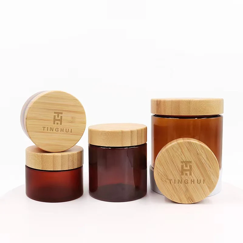 Custom Logo 2 4 8oz 50g 100g 150g 250g 500g Amber Frosted Plastic Body Butter Cosmetic Cream Jar With Bamboo Lid
