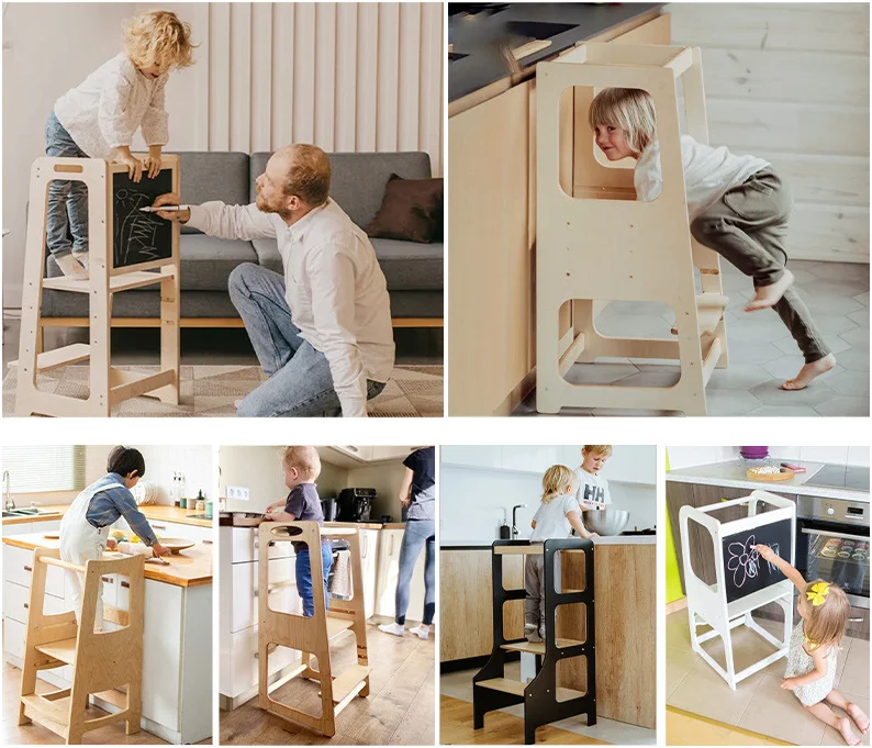 Kids Montessori Furniture Kitchen Helper Step With Children Stool Adjustable Wood Foldable Learning Tower