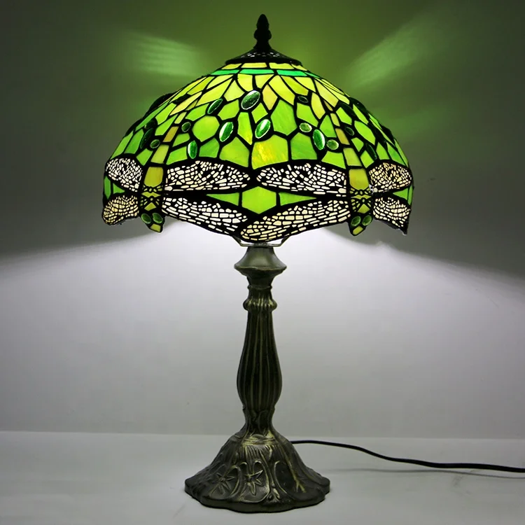 LongHuiJing 12Inch Dragonfly Green Stained Glass Lampshade Desk Lights Handmade Glass Table Lamps With zinc Alloy Base