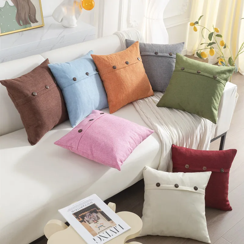 AMZ Hot Style Polyester Imitated Linen Throw Pillow Cover Decorative Chair Cushion Cover Button Vintage Pillow case for Couch S