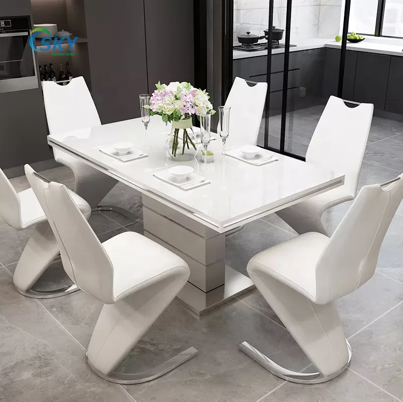 SKY high gloss white modern French classic table and six chairs dining table set with shiny stainless steel
