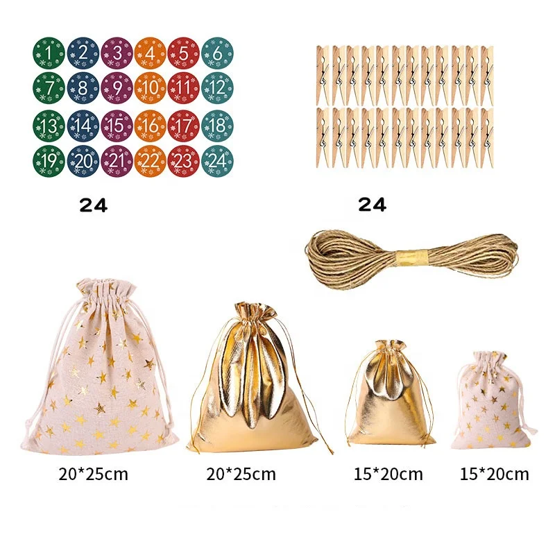 Christmas linen bronzed Bundle Pocket Set Advent Calendar Candy Gift bag Christmas drawstring Fortune bag