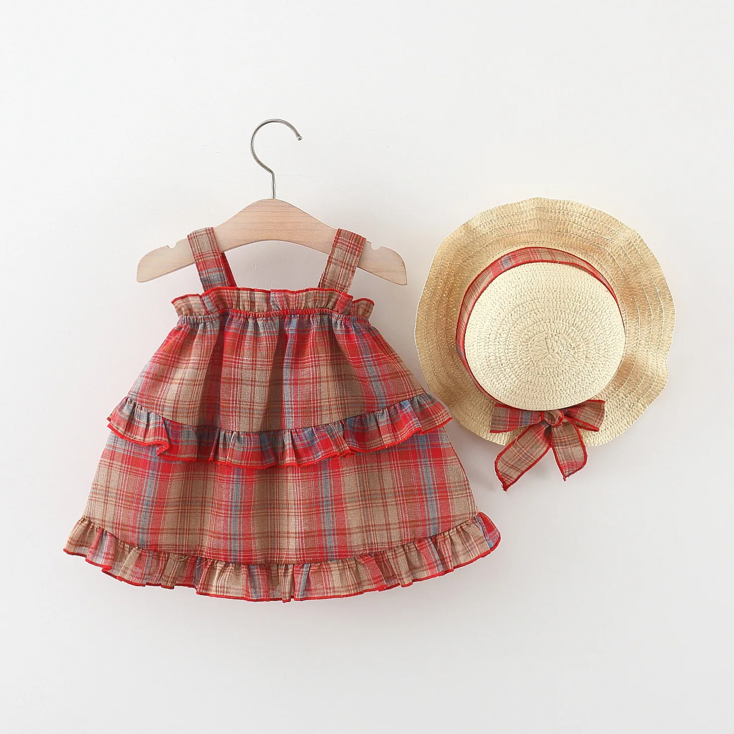 2024 new summer red plaid thousand-layer suspender skirt comes with the same straw hat