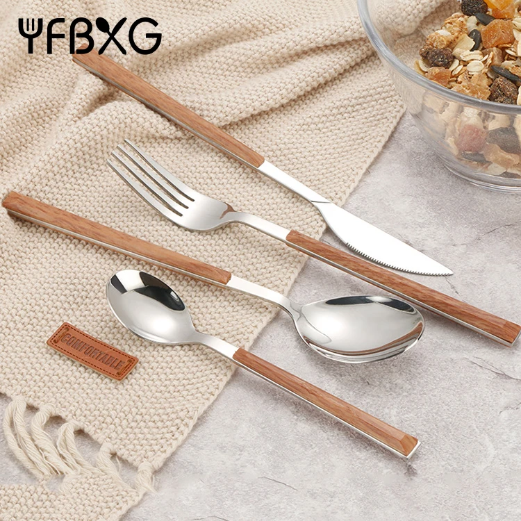 Western High Quality Stainless Steel Silverware Knife Fork and Spoon ABS Plastic Wooden Handle Flatware Cutlery Set Restaurant