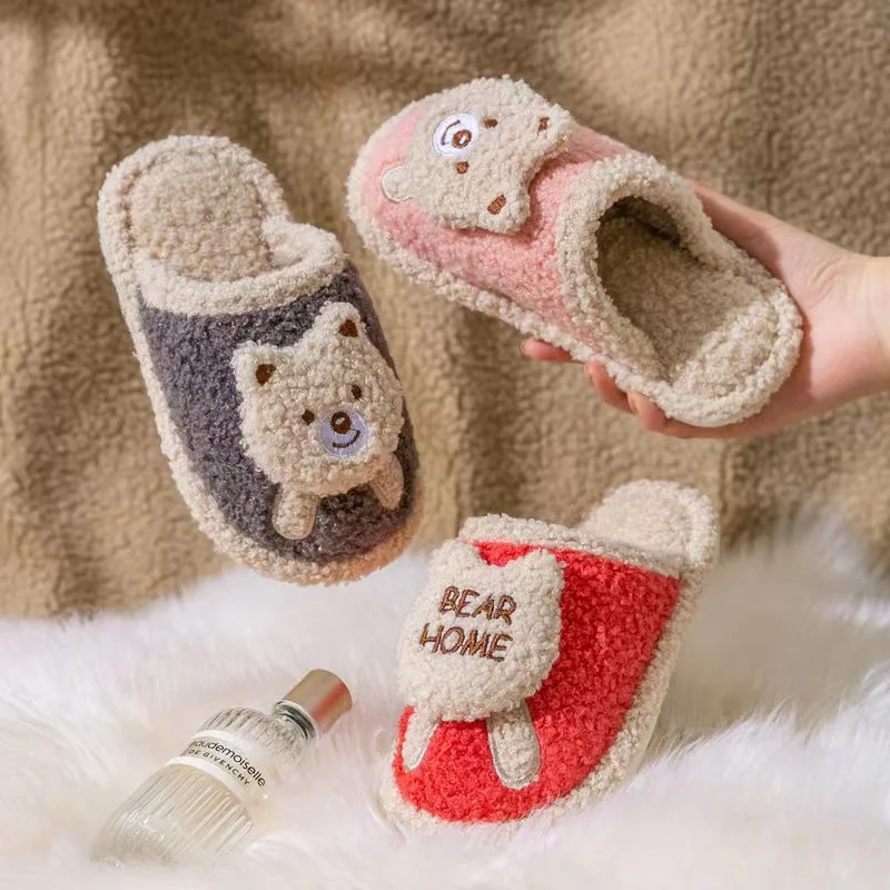 Winter Quiet Indoor Soft Cozy Plush Fluffy Cute Lovely Bear Cotton Slippers for Kids Boys and Girls Floor Mop PVC