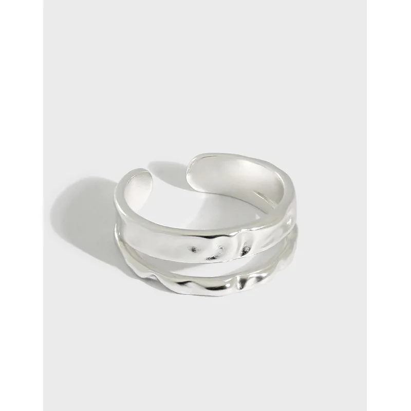 925 sterling silver irregular pleated concave convex texture double-layer design opening ring