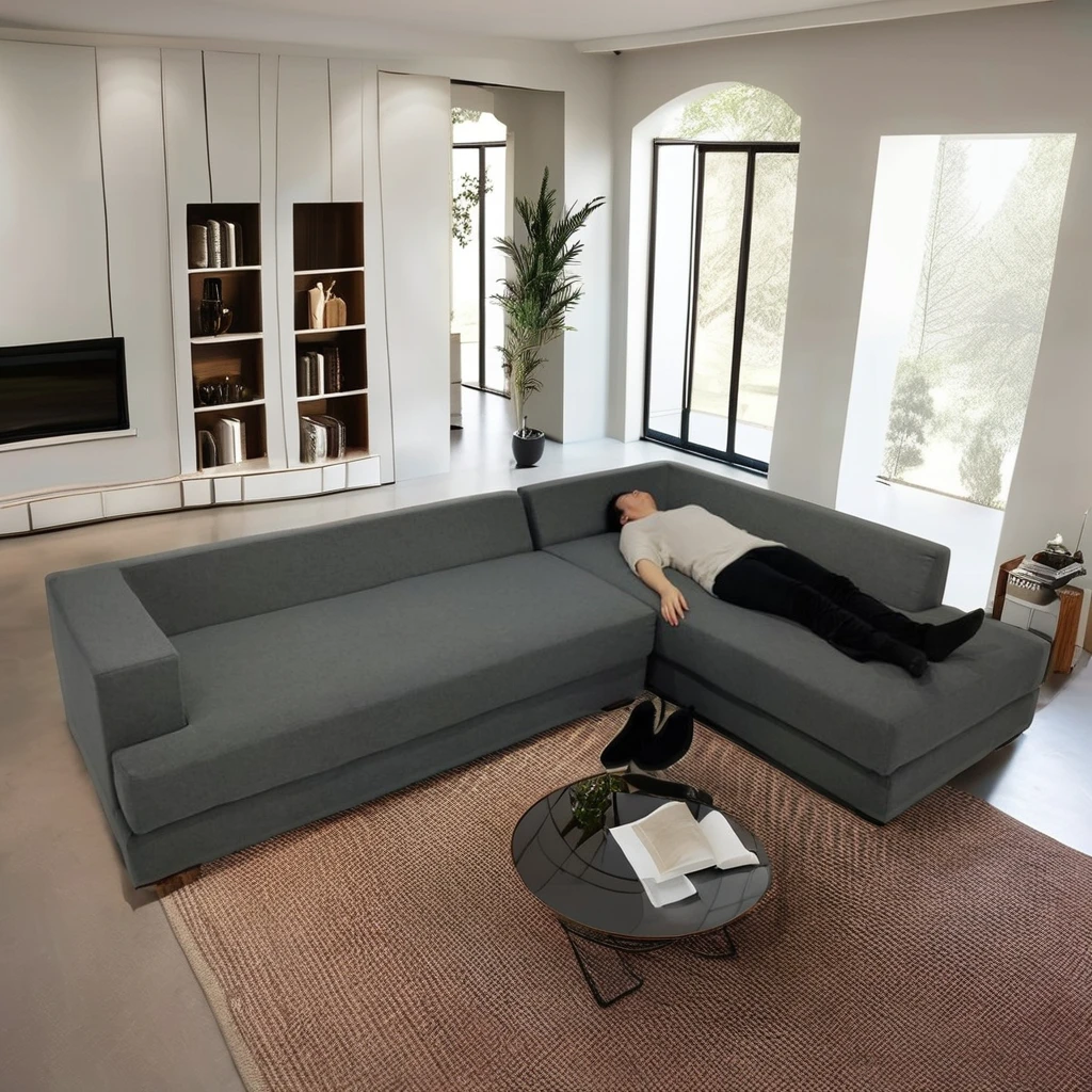 European Style Modern Corner Sofa Bed L-Shape Wooden Leg Sleeper Sofa Set Home Apartment Hotel Use Fabric Material Elegant Model