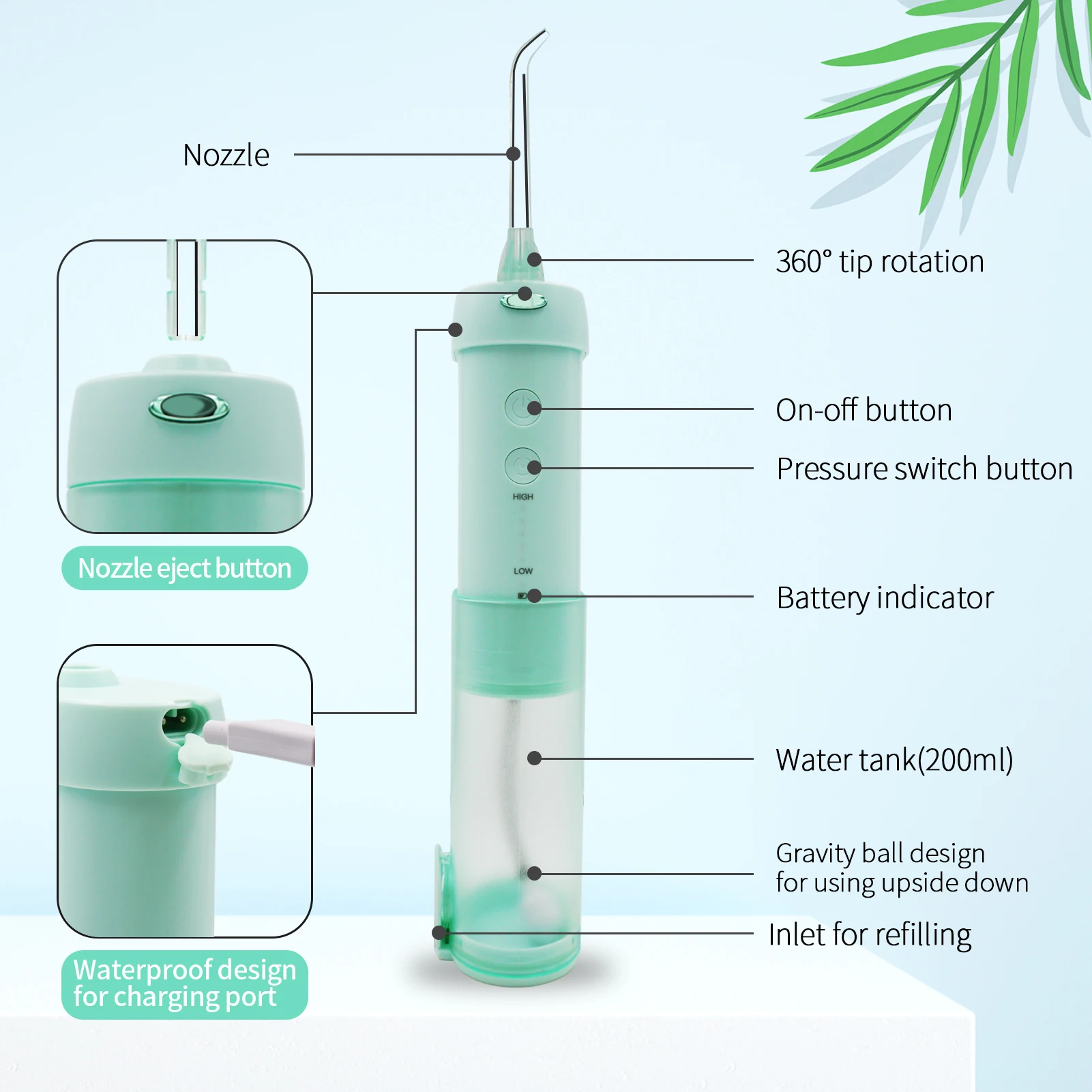 Portable Detachable Telescopic IPX7 Waterproof Rechargeable Electric Orthodontic Teeth Cleansing Dental Water