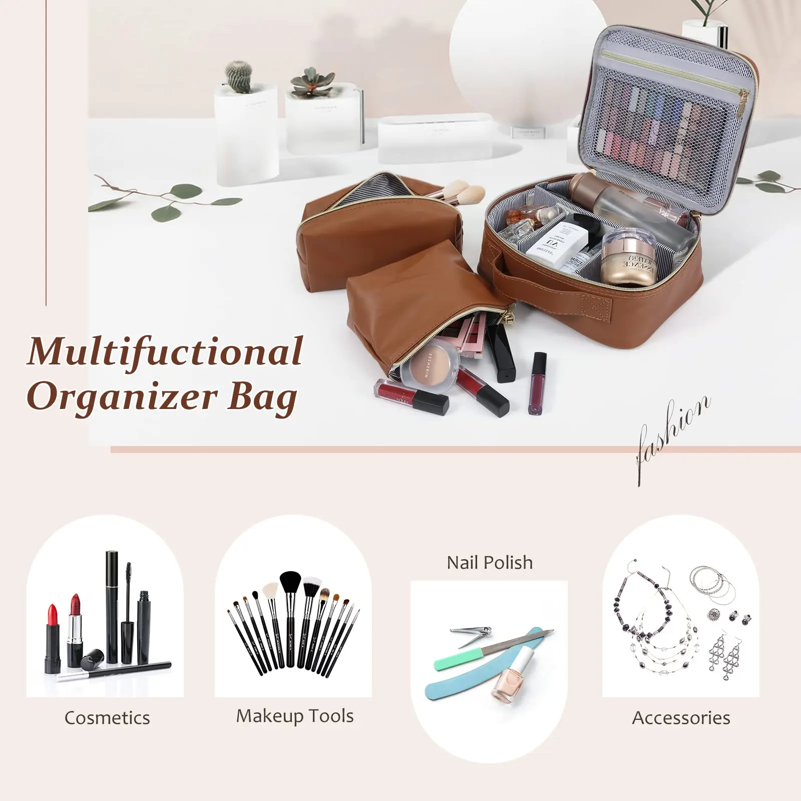 PU Leather Brown Makeup Bag Set Make up Bag Organizer Large 3Pcs Cosmetic Bag Sets for Travel