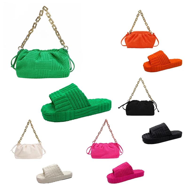 2022 New Shoes And Purse Set Fur Slipper Shoulder Towel Purses Cloud Chain Shoulder Purses And Matching Shoes Ladies Handbags