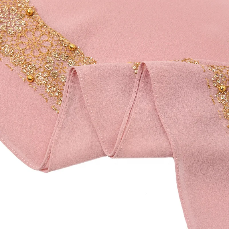 Wholesale Custom High Quality Beautiful Lace Plain Color Chiffon Hijab With Pearl Luxury Gold Stamping Hijab Scarf