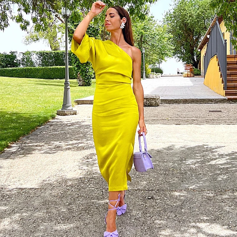 2022 summer new European and American style fashion solid color asymmetric silk satin texture PB&ZA dress