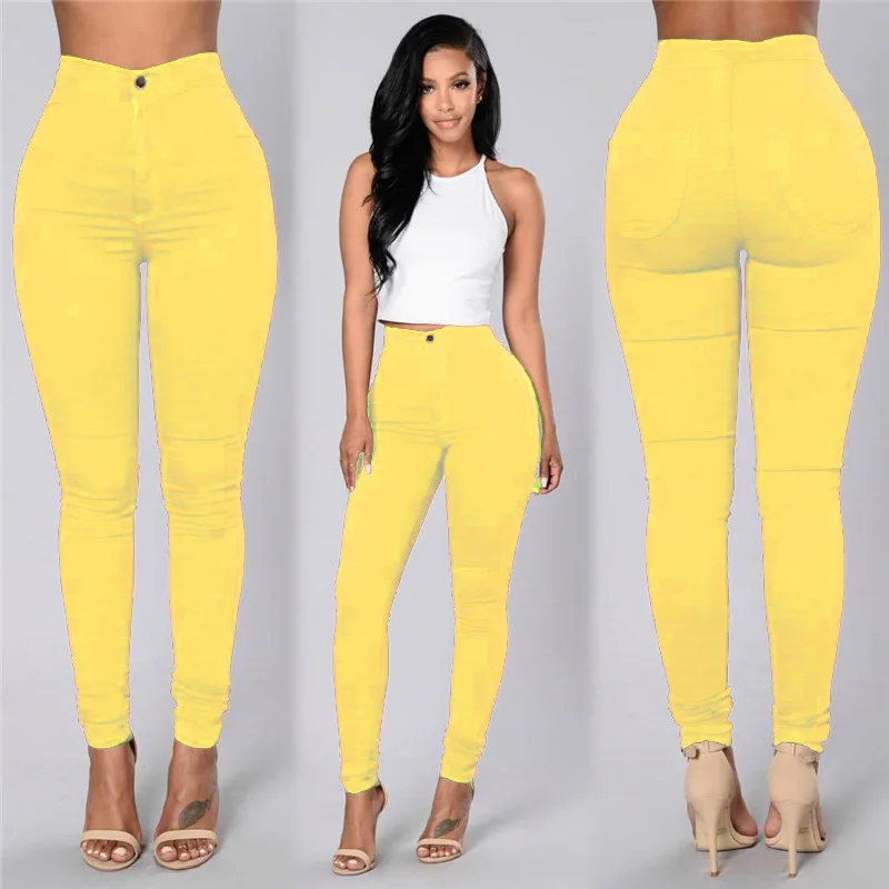 QC Candy color high waist women pants buttons skinny stretch denim jeans white jeans