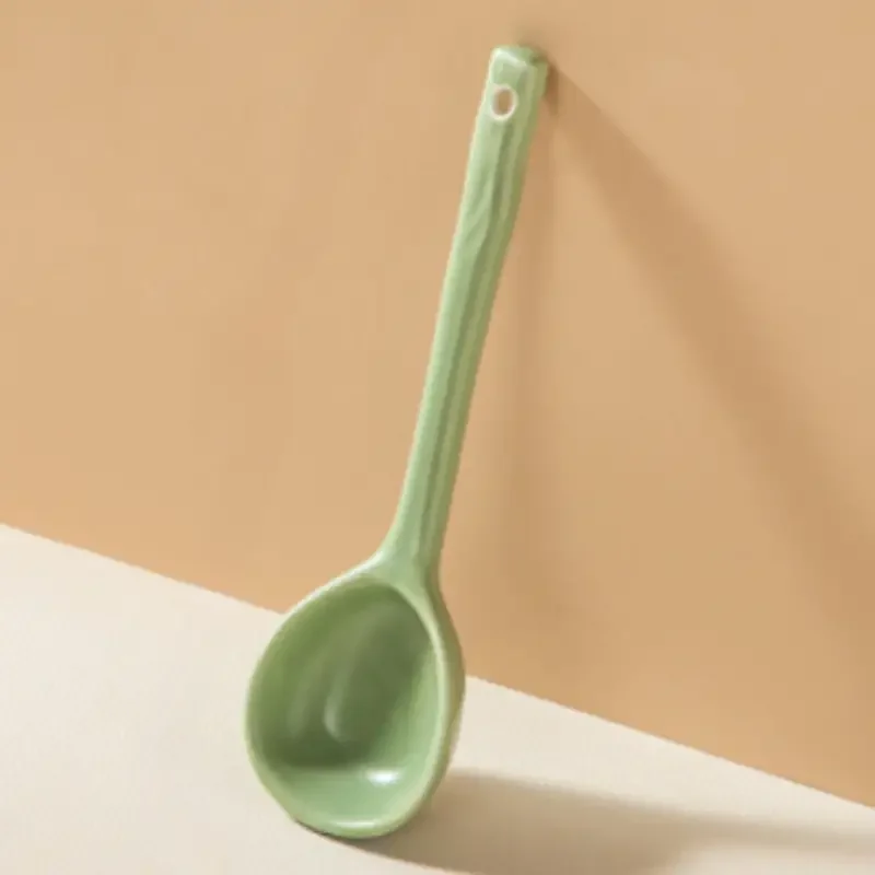 Hot Selling Creative Nordic Beige Green Long Handled Ceramic Spoon Ceramic Matte Milk Dessert Spoon