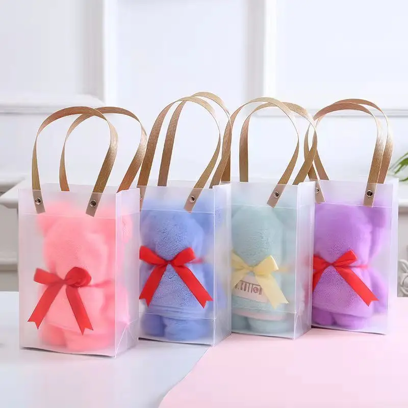 Customized Pink Coral Fleece Towel Solid Color Lovely Bagged Little Bear Towel