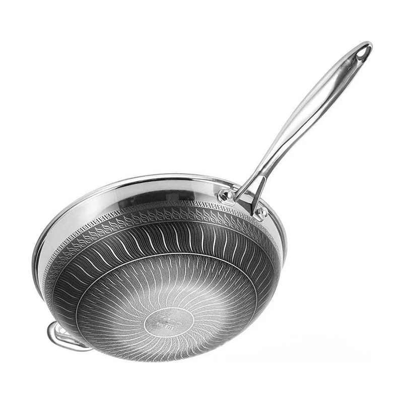 New Design Three-Layer Nonstick Stainless Steel Wok Pan with Lids Honeycomb Cooking Frying Pan for Hotels