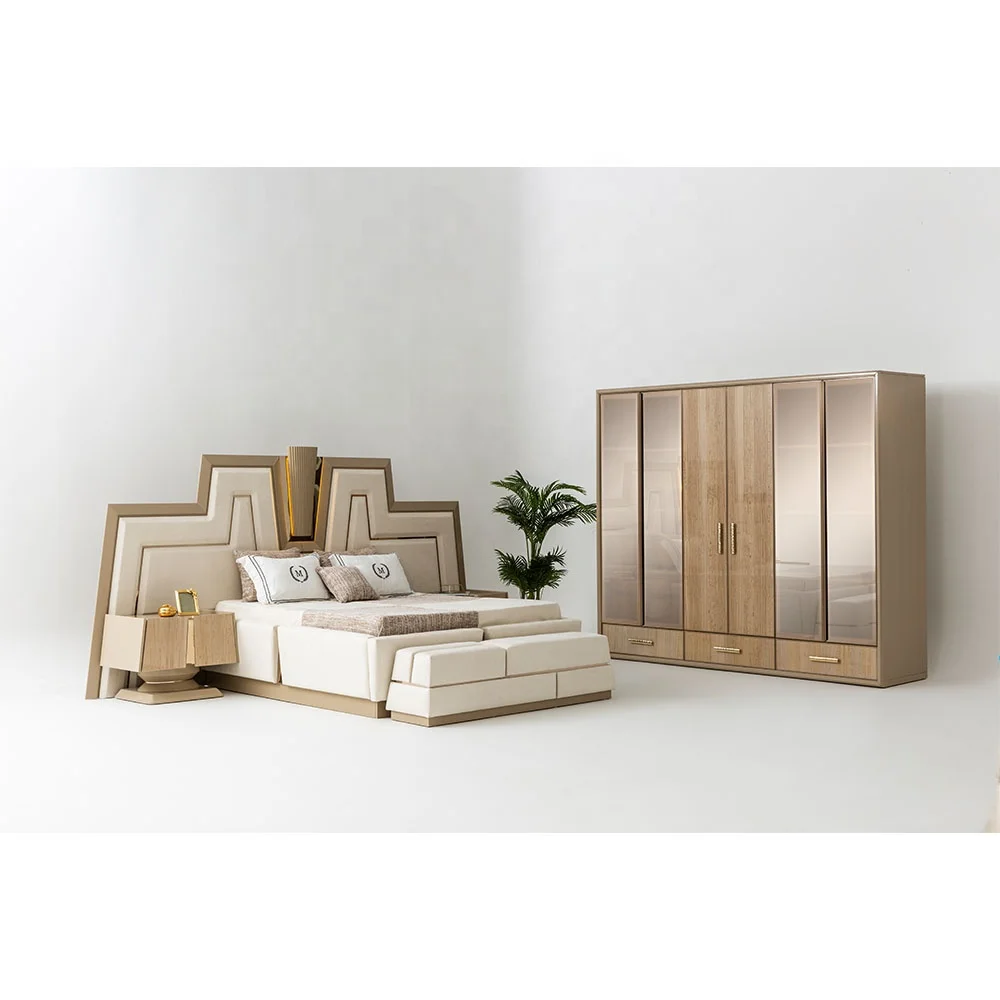 Luxurious Bedroom Furniture Set with Functional Wardrobe Luxury Glossy Home Furniture from Turkey Turkish Furniture King SizeBed