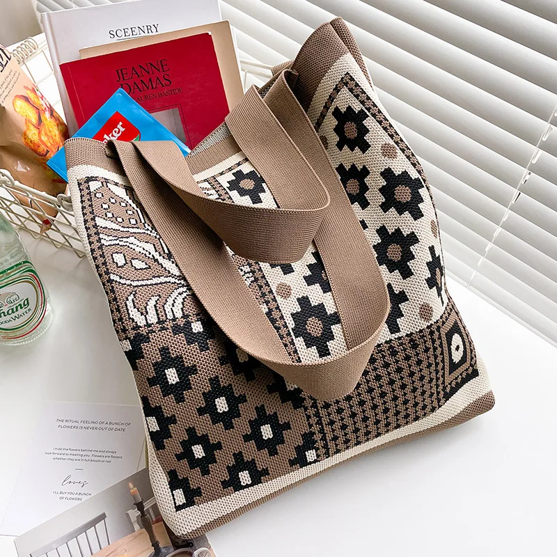 Fashion Style Custom Brand Designer Knitted Shoulder Bag Vintage Cotton Thread Foldable Bags Unique Big Tote Bag for Women
