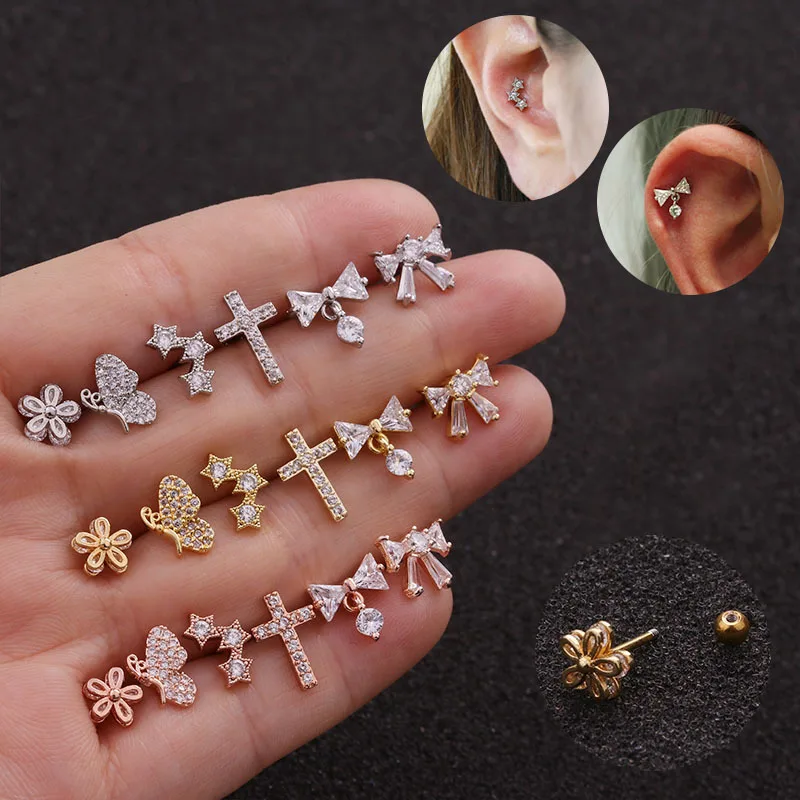 New arrival stainless steel thin rod screw earrings bow pendant zircon stud earrings