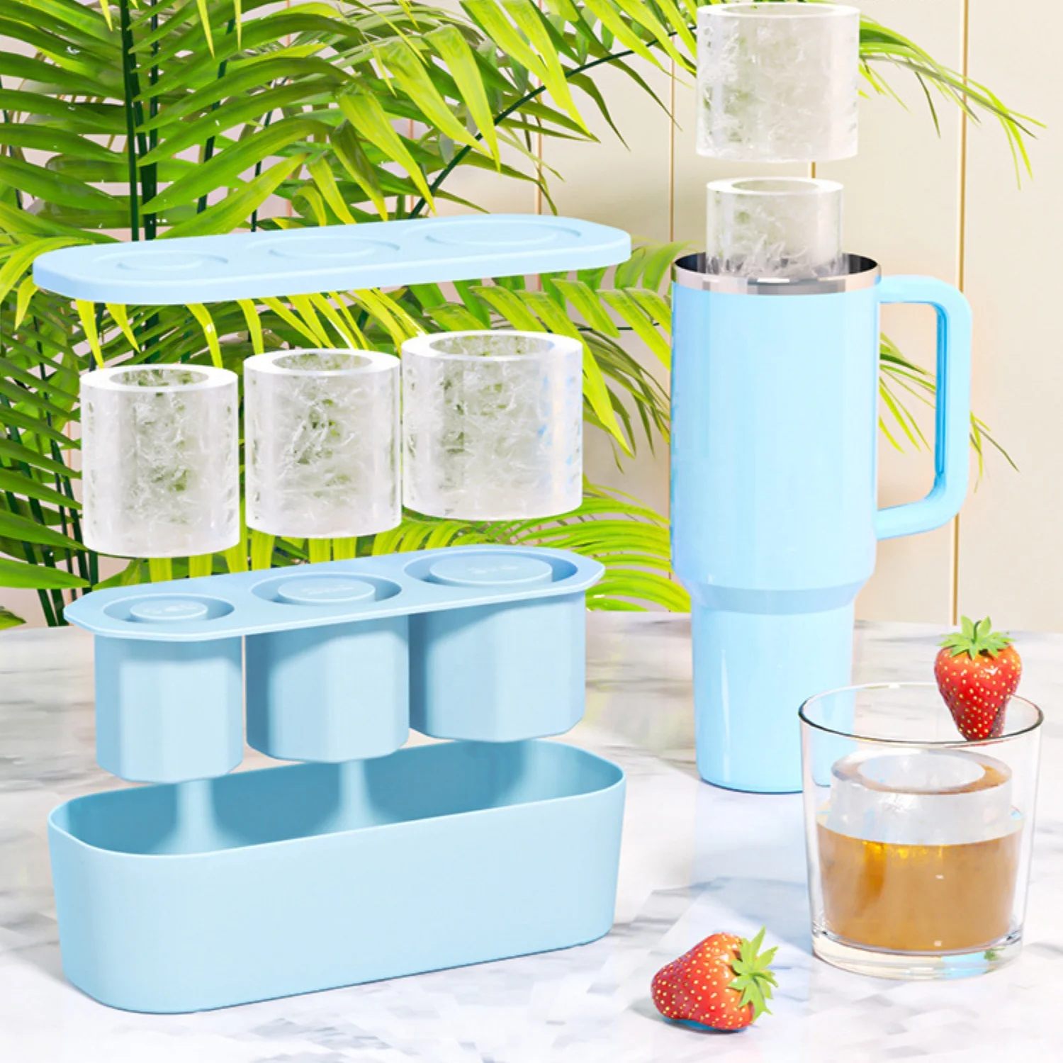 Silicone Ice Cube Tray Molds with Lid and Bin for 30-40 oz Tumbler Cups Silicone Ice Tray for Chilling Coffee Tea Drinks