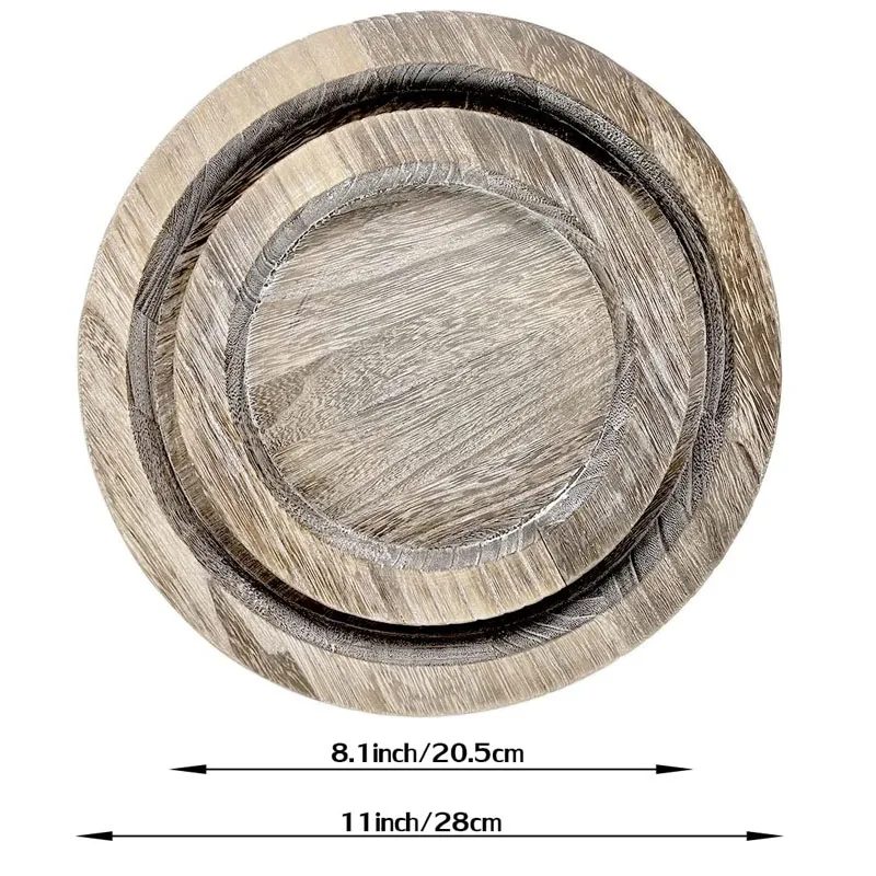 Wood Tray Wooden Fruit Candy Snack Round Plates,Home Decor,Carbonized,Archaize,Set of 2,Large and Small