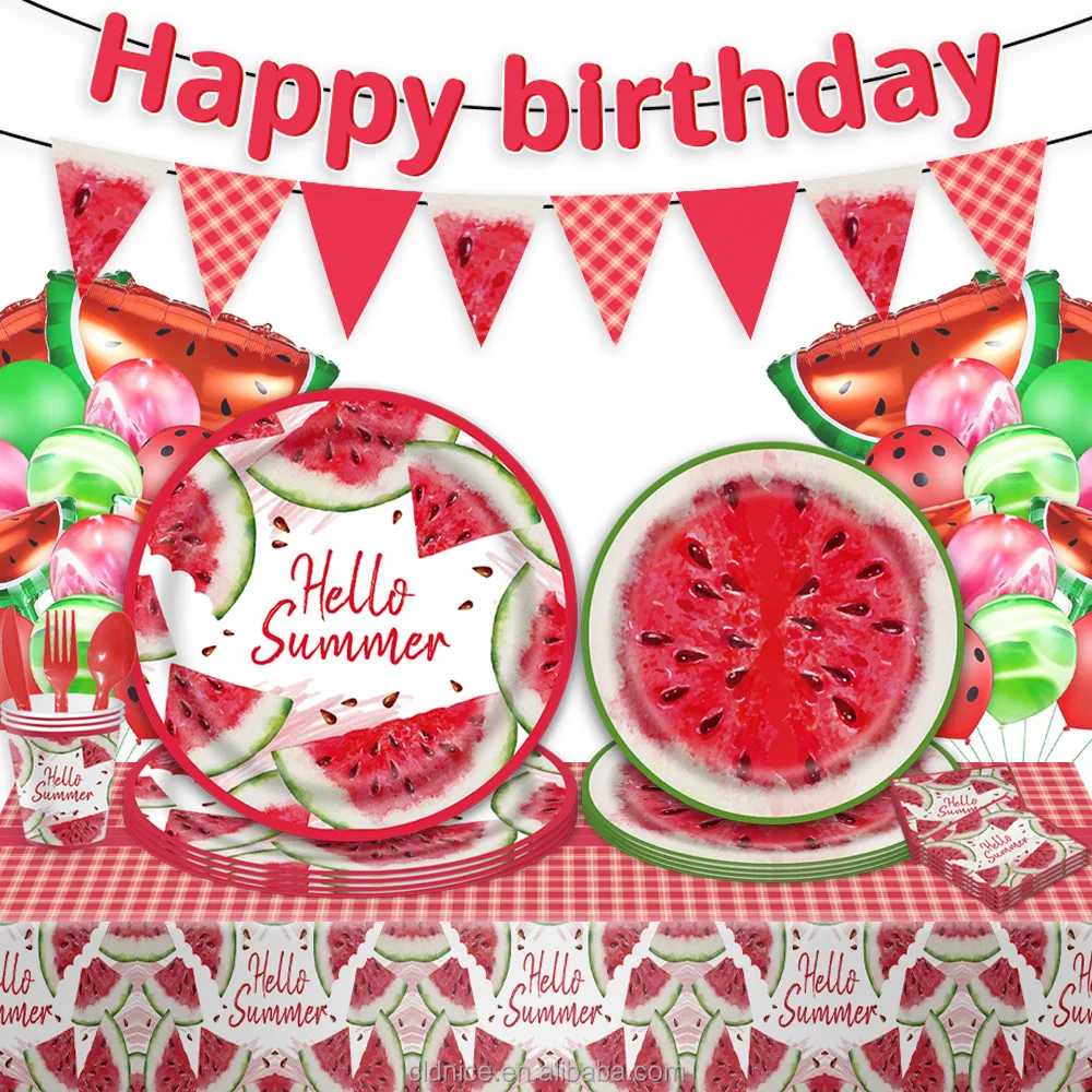 Nice 9 Guests Watermelon Tableware Set Fruit Party Decoration Set Party Paper Plate Cup Napkin Banner Supplies