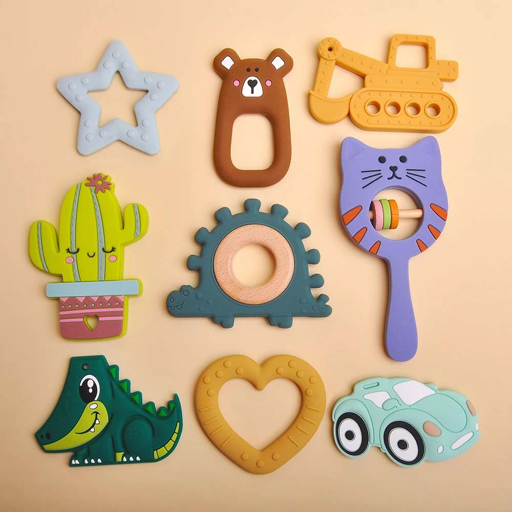 Trendy Silicone Tooth Gutta Percha Dinosaur Rattle Baby Teethers Food Grade Silica Gel Teething Toys Wooden Teether