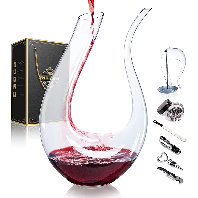 HUAHANGNA 1400 мл, 47 унций, ручная работа, кристально чистые бокалы для вина, U-образный графин для вина, набор с подставкой из нержавеющей стали