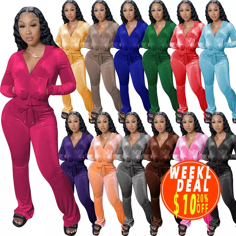 2022 jogger solid color winter fall tracksuit New Solid Color Velvet Velour sport hoodie Casual Women clothing Two 2 Piece Set