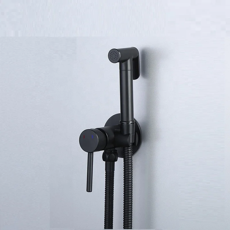 High Quality Brass Toilet Hand Held Bidet Matte Black Hot Cold Faucet Valve With Holder Bracket