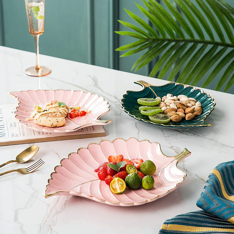 Unique fruit salad dishes leaf shaped ceramic dessert plate gold rim serving plates set for home decor