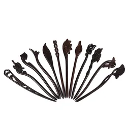 Vintage Retro Chinese Black Wooden Sandalwood Carved Long Horn Fork Pen Hairpin Wood Chopsticks Hair Sticks Pins Picks for Women