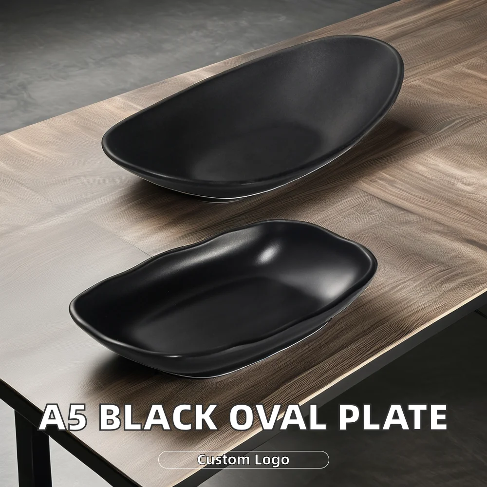 Hot Selling 100% A5 Melamine Black Oval Sushi Plate Custom Restaurant Hotel Service Dishes for Home Party