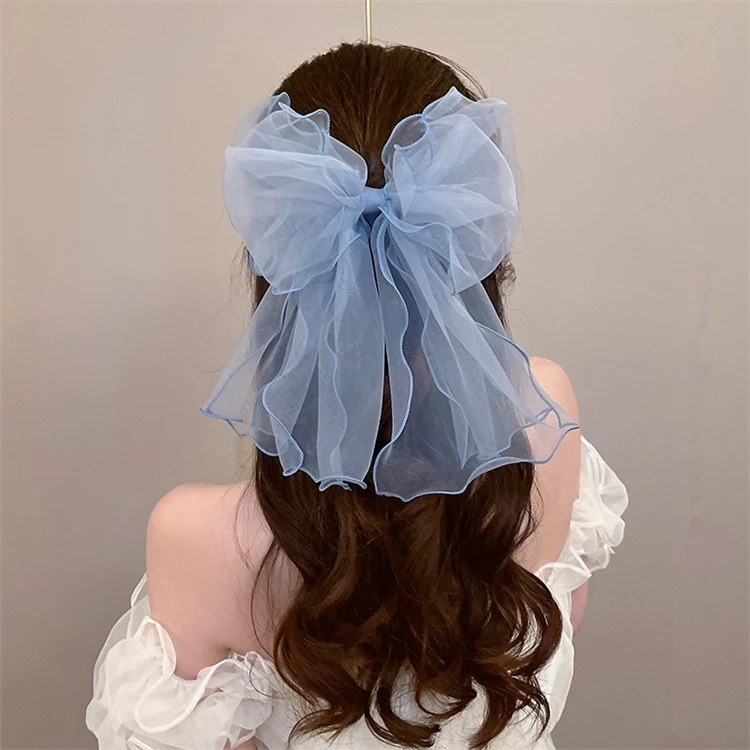 Fashion Organza Big Bow Hair Clip Elegant Ribbon Bowknot Spring Clip Solid Color Handmade Hairpin Women Hair Accessories