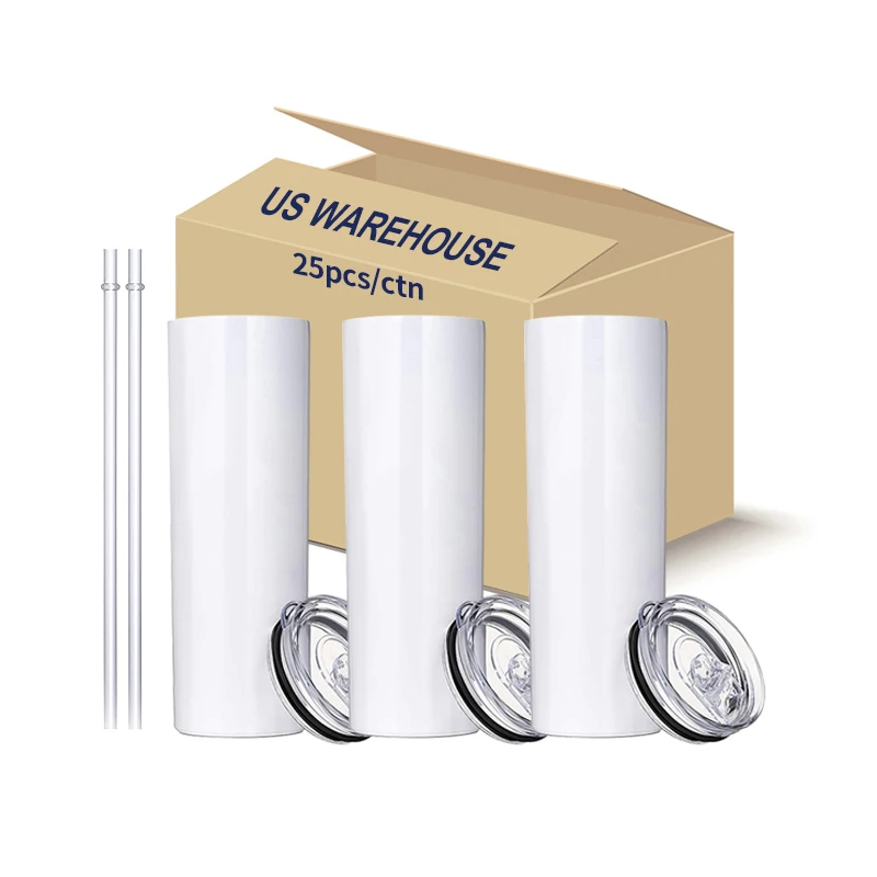 US warehouse wholesale sublimation blanks  white 20oz double wall straight sublimation tumbler coffee mug  with plastic lid