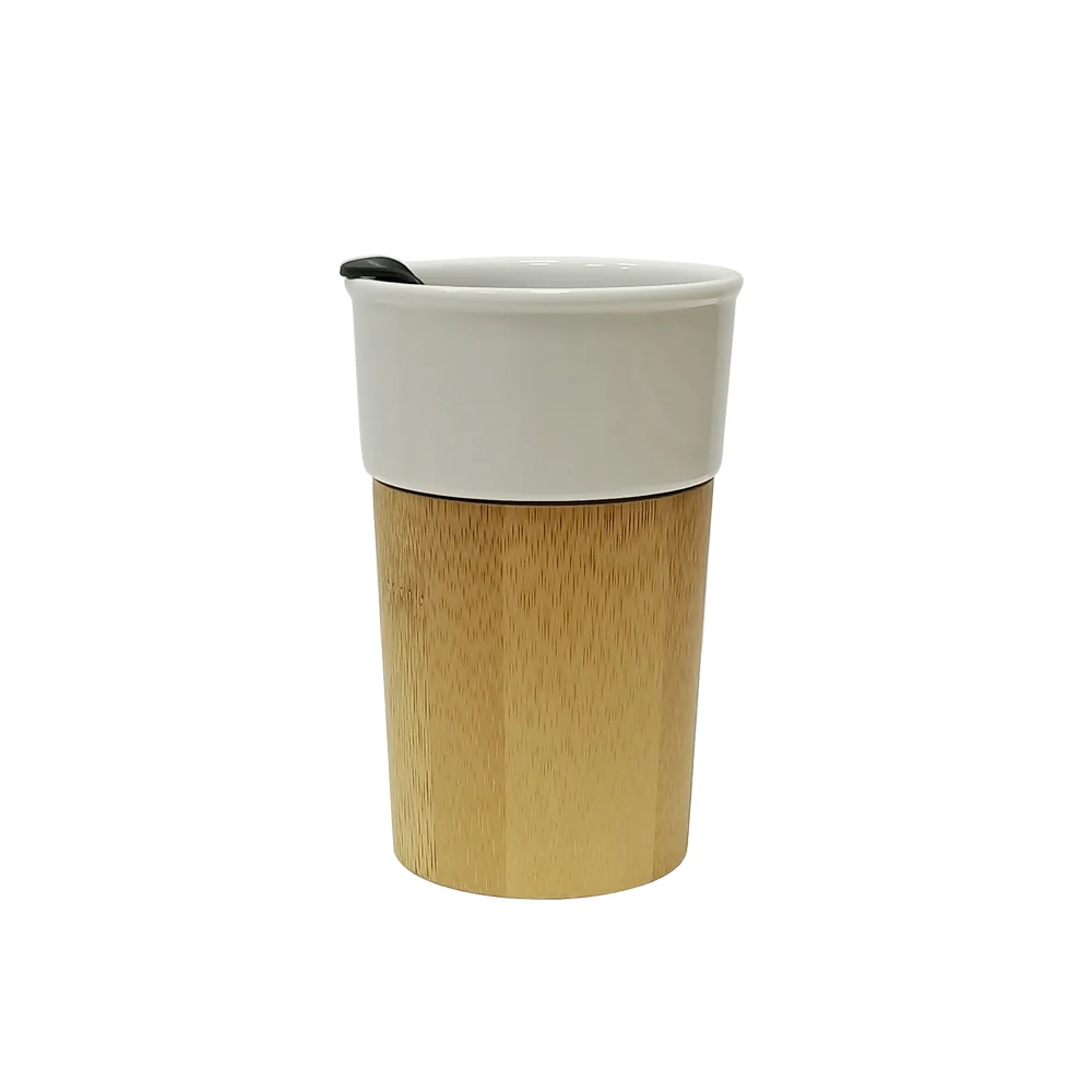Natural Ecofriendly ceramic cup with bamboo base American Style Bamboo Coffee Tumbler Novelty Mug with Bamboo Sleeve and Lid